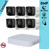 Hikvision 6 cső kamerás analóg megfigyelőrendszer 8 MP biztonsági kamera, 2.8 mm fix objektív, IR led 30 m, IP67, fém ház, kültéri