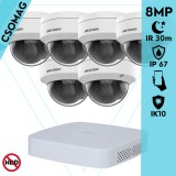 Hikvision 6 dome kamerás analóg megfigyelőrendszer 8 MP biztonsági kamera, 2.8 mm fix objektív, IK10 vandálbiztos, IR 30m, fém ház, kültéri