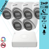 Hikvision 6 turret kamerás analóg megfigyelőrendszer 2MP biztonsági kamera, IR megvilágítás 40 m, fehér fény 20 m, beépített mikrofon, kültéri