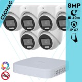 Hikvision 6 turret kamerás analóg megfigyelőrendszer 8 MP biztonsági kamera, 3.6 mm fix objektív, hibrid fény 40m, kültéri