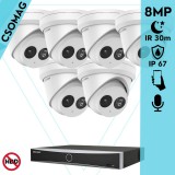 Hikvision 6 turret kamerás IP megfigyelőrendszer 8MP turret biztonsági kamera, 2.8 mm-es fix objektívvel, PoE, IR LED 30m, beépített mikrofonnal, fém ház, kültéri