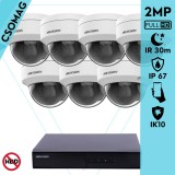 Hikvision 7 dome kamerás IP megfigyelőrendszer 2MP HD dome biztonsági kamera, 2.8 mm-es fix objektívvel, PoE, P2P, kültéri, fém ház, vandálbiztos
