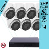 Hikvision 7 turret kamerás IP megfigyelőrendszer 2MP HD turret biztonsági kamera, 2.8 mm-es fix objektívvel, PoE, beépített mikrofonnal, IR LED 30m, kültéri, fém ház