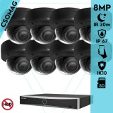 Hikvision 8 dome kamerás IP megfigyelőrendszer 8MP dome biztonsági kamera, AcuSense, 2.8 mm-es fix objektívvel, PoE, P2P, IR LED 30m, fekete fém ház, kültéri, IK10 vandálbiztos