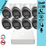 Hikvision 8 turret kamerás analóg megfigyelőrendszer 2MP biztonsági kamera, ColorVu Dual-light látható fény 20m, beépített mikrofonnal, kültéri