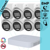 Hikvision 8 turret kamerás analóg megfigyelőrendszer 8 MP biztonsági kamera, 3.6 mm fix objektív, hibrid fény 40m, kültéri