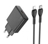 HOCO N37 hálózati töltő Type-C aljzat (30W, PD gyorstöltő 3.0, vékony + lightning kábel) FEKETE