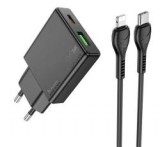 HOCO N38 hálózati töltő USB+Type-C aljzat (20W, PD gyorstöltő 3.0, vékony + lightning kábel) FEKETE