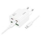 HOCO N55 hálózati töltő 2 USB+2 Type-C aljzat (20W, GaN, PD gyorstöltő 3.0 + lightning kábel) FEHÉR