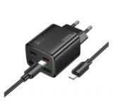 HOCO N55 hálózati töltő 2 USB+2 Type-C aljzat (20W, GaN, PD gyorstöltő 3.0 + lightning kábel) FEKETE