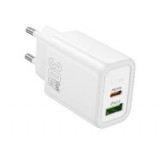 HOCO N63 hálózati töltő USB+Type-C aljzat (30W, 3A, PD gyorstöltő 3.0) FEHÉR