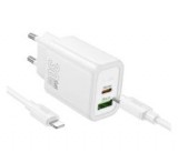 HOCO N63 hálózati töltő USB+Type-C aljzat (30W, PD gyorstöltő 3.0 + lightning kábel) FEHÉR