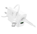 HOCO N71 hálózati töltő USB+Type-C aljzat (30W, PD gyorstöltő 3.0 + Type-C kábel) FEHÉR