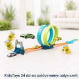 Home and Mode KidsToys 24 darabos autóverseny-pálya játékszett, 108 x 33 cm,  2 autóval