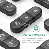 Hordozható fekete műanyag gyógyszeres doboz utazáshoz és napi gyógyszeradagoláshoz