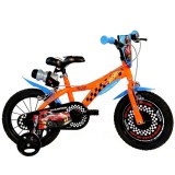 Hot Wheels 14” gyerek bicikli kulacstartóval és oldalkerekekkel narancssárga-fekete színben – Dino Bikes kerékpár