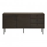 House Nordic Kyoto komód 3 fiókkal, 2 ajtóval, tölgyfa furnér, füstölt, fekete fém lábakkal, 150x40x74 cm