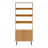 House Nordic Kyoto könyvespolc, 2 ajtós, 4 polc, tölgy furnér, natúr, fekete fém lábak 80x30x200 cm