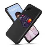 Huawei P40 Lite, Műanyag hátlap védőtok, közepesen ütésálló, textil bevonat, bőrhatású hátlap, kártyatartóval, fekete (RS99069) - Telefontok