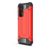 Huawei P40, Műanyag hátlap védőtok, Defender, fémhatású, piros (RS93330) - Telefontok