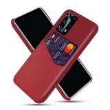 Huawei P40, Műanyag hátlap védőtok, közepesen ütésálló, textil bevonat, bőrhatású hátlap, kártyatartóval, piros (RS99075) - Telefontok