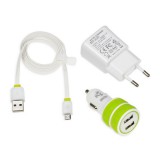 iBOX 3W1 USB, 2.1A fehér-zöld autós és hálózati töltő