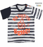 iDO fiú, fehér-fekete csíkos, rövid ujjú póló, nyomott felirattal (J213/00-6MG4)