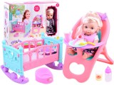 Interaktív Baba-Lecsukódó szemekkel-Hangeffektussal-Etetőszékkel-Bölcsővel-Bili-Cumisüveg-Étkészlet-Előke-Étel-30 cm