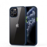 iPhone 12 Pro Max hátlaptok, telefon tok, ütésálló, kék kerettel, átlátszó, Devia Shark