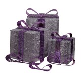 IRIS Doboz alakú /1db 20cm, 1db 25cm, 1db 30cm/ ezüst-lila fémdoboz műanyag masnival dekor szett