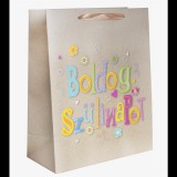 Iris feliratos Szalagfüles Papír ajándéktasak születésnapra (31 x 42 cm) - Drapp (371629)