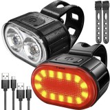 Iso Trade Erős fényű LED-es vízálló kerékpár első-hátsó lámpa, USB-s töltőkábellel