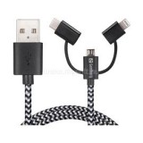 Kábel Átalakító - USB to 3in1 Lightning+MicroUSB+USB-C (1m; harisnyázott, szürke) (SANDBERG_441-01)