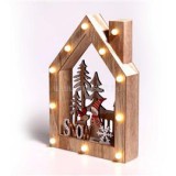 Karácsonyi ház alakú Télapó-rénszarvas mintás/20x30x5,5cm/meleg fehér LED-es fa fénydekoráció (IRIS_309-01)