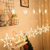 Karácsonyi Led függöny, meleg fehér, 12db csillag, 138 db meleg fehér Led, átlátszó vezeték. 8 funkciós vezérlő, 5V, USB csatlakozós! Life Light Led.