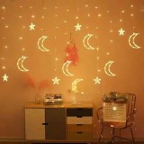 Karácsonyi Led függöny, meleg fehér, 6db hold, 6db csillag, 138 db meleg fehér Leddel, átlátszó vezeték. 8 funkciós vezérlő, 5V, USB-s!