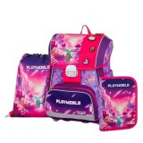 KARTON PP Minecraft mintás csatos ergonómikus iskolatáska tolltartóval és tornazsákkal, Premium, Playworld Girl, lila-rózsaszín