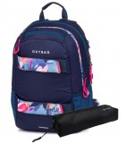 KARTON PP OXY Sport hátizsák, iskolatáska beledobálós tolltartóval, 3 rekeszes, 46x32x16cm, Flowers Blue, sötétkék virágos