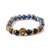 KÉK JÁSPIS - ACHÁT ÁSVÁNYI KARKÖTŐ, ARANYSZÍNŰ OROSZLÁNNAL - 8mm