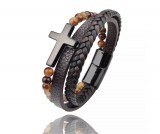 Keresztes tigrisszem gyöngyös barna-fekete színű valódi bőr férfi karkötő