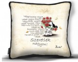 Kicsi díszpárna, Veled boldog vagyok, szeretlek, kutyus virágokkal, szerelmes ajándék