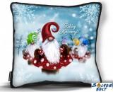 Kicsi karácsonyi díszpárna, manók gombákon a havon