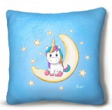 Kicsi plüss díszpárna, unikornis holdon, kék