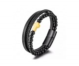 Kis arany keresztes fekete gyöngyös fekete színű valódi bőr férfi karkötő