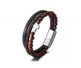 Kis ezüst keresztes barna gyöngyös fekete-barna színű valódi bőr férfi karkötő