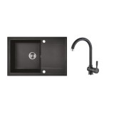 KUCHINOX RIO 1CS SZETT egymedence csepptálcás gránit fekete mosogató szifonnal, csappal, 76x44x17,5 cm