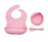kütyübazár Szilikon étkészlet babáknak, állítható előke és vákuumtalpas tányér kanálkával rózsaszín