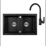 LAVEO BARBADOS Gránit Kétmedencés Mosogató CSAPTELEPPEL matt fekete