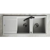 Laveo MEGALO kétmedence csepptálcás fehér mosogató dugókiemelős helytakarékos szifonnal