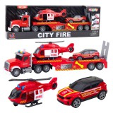 Lean Toys Tűzoltó járműszállító kamion helikopterrel és tűzoltóautóval, fény- és hangeffektekkel – piros